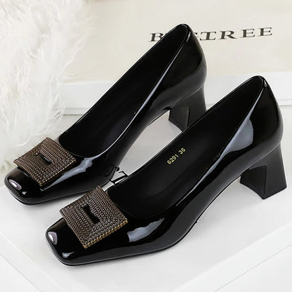 BIGTREE Shoes Metal Buckle Women Pumps Square Head Mid Heel Women Shoes Patent Leather Luxury Banquet Shoes Kitten Heels Lady