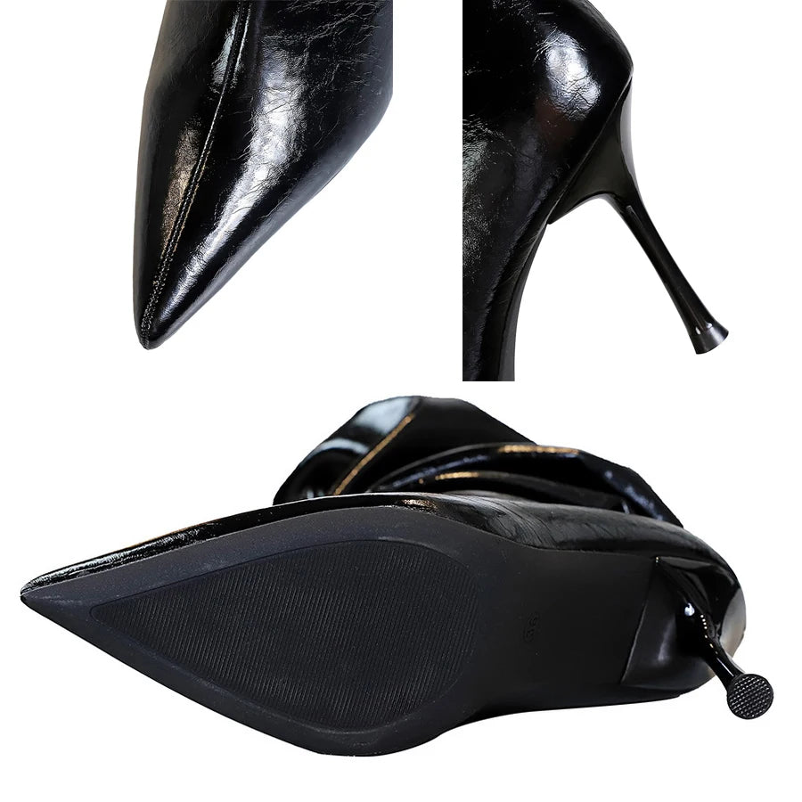 BIGTREE Shoes Sexy Stiletto Women Knee High Boots Pointed High-heeled Boots Fashion Long boots Pleated Leather Boots Female Shoe