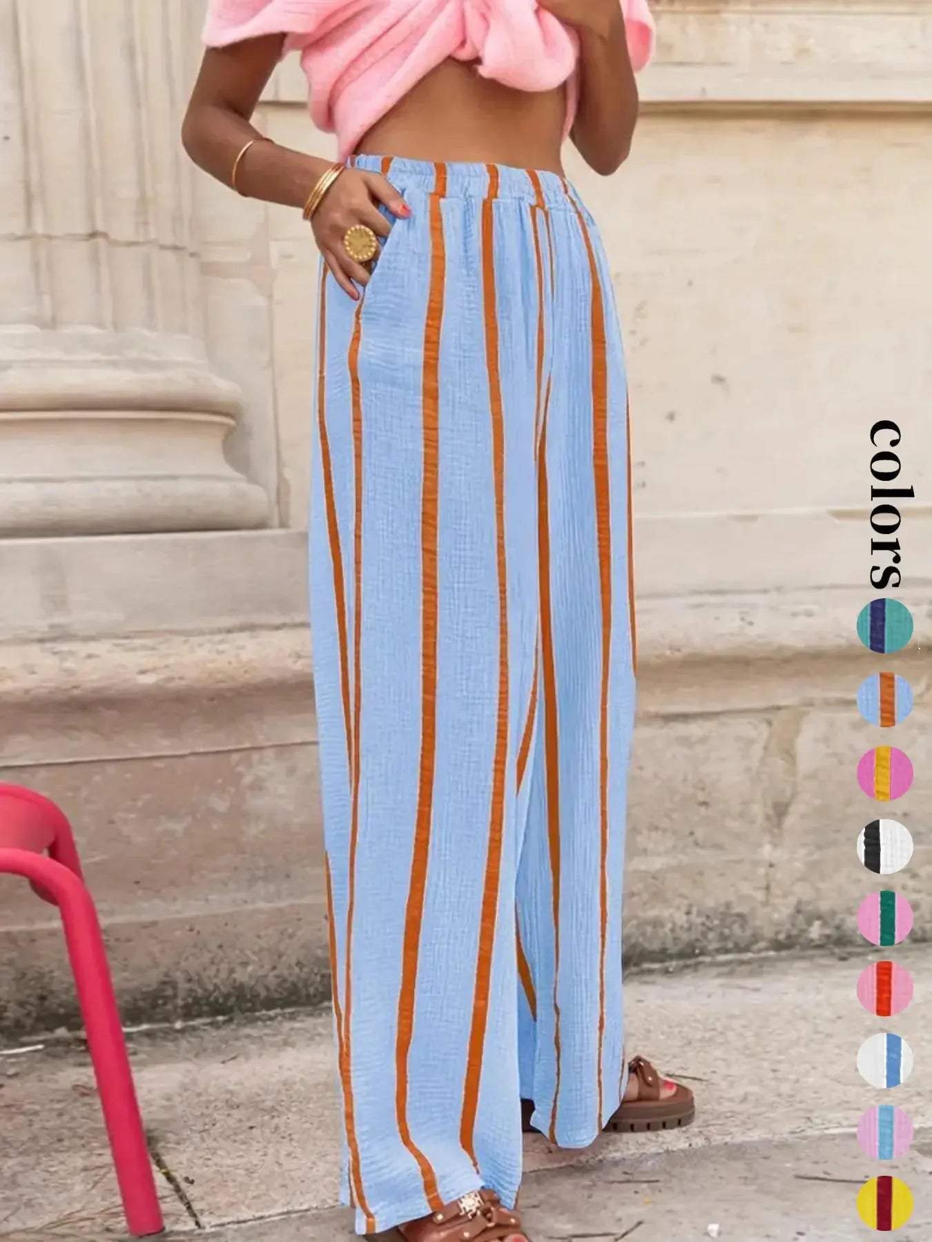 Women's Vertical Stripe Wide-leg Pants, Elastic Waist Pleated Casual Trousers, Resort Style Loose Slimming Floor-length