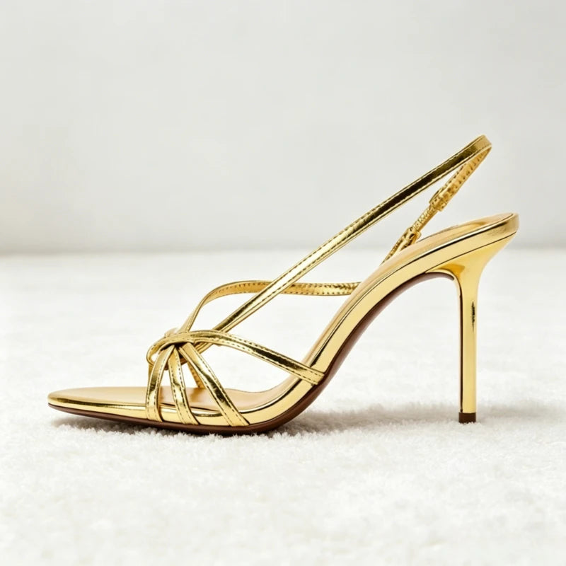 Fashion Gold Metalized Pattern Cross Tied Heeled Sandals Women Sexy Open-toe Slingback Heels Elegant Round-toe Designer Shoes