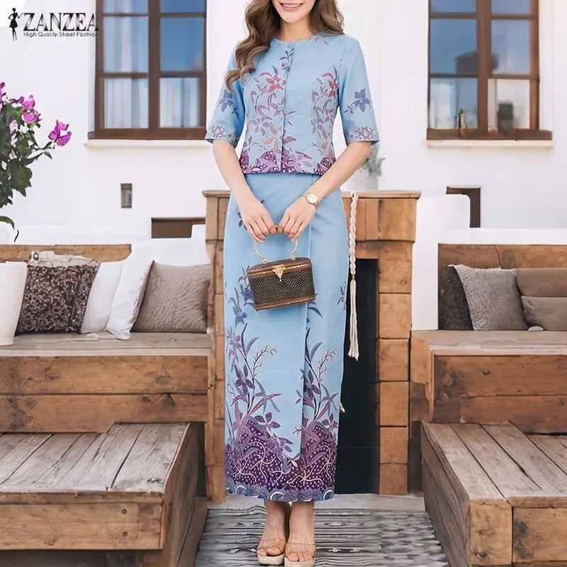 ZANZEA Stylish Summer 2 Pieces Sets Printed Outfits Elegant Women Dress Sets O Neck Half Sleeve Floral Blouse Maxi Skirt Suit