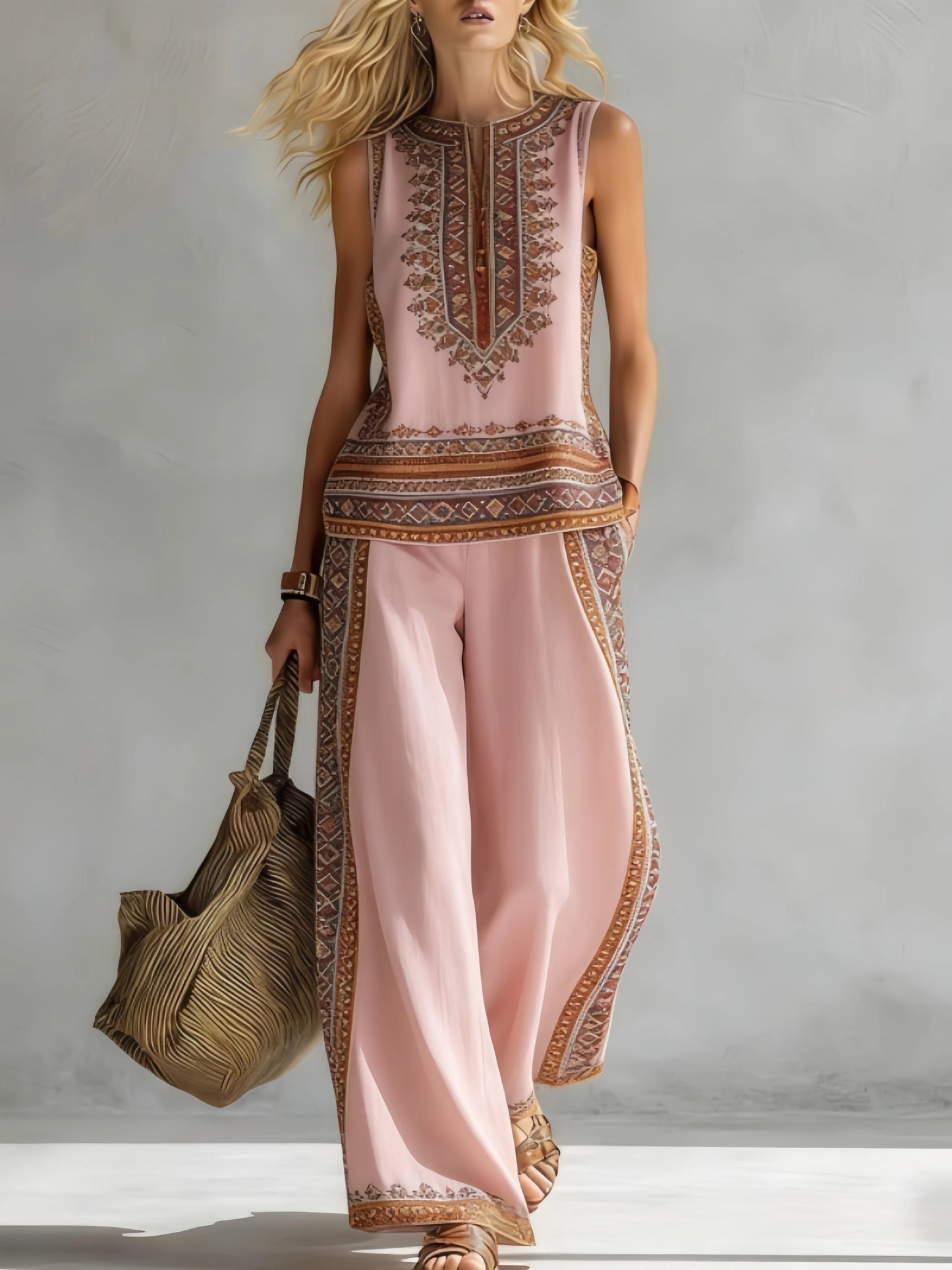 Fashion Retro Printed Sleeveless Tops Trousers 2-piece Set Women's Summer Casual Vest Loose Wide Leg Trousers Female Suit Pocket