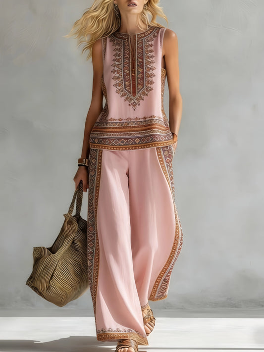 Fashion Retro Printed Sleeveless Tops Trousers 2-piece Set Women's Summer Casual Vest Loose Wide Leg Trousers Female Suit Pocket