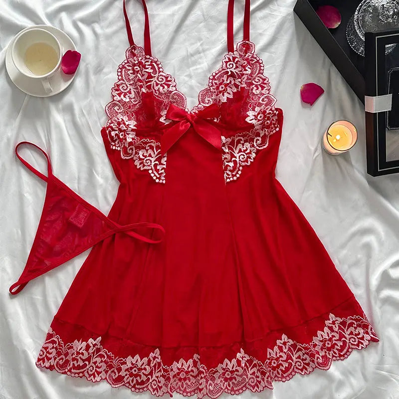 2 Piece Transparent Set Lace Bra Slim Nightgown Set With Thong Erotic Lingerie Pajamas Plus Size Porno Night Dress Sexy Babydoll