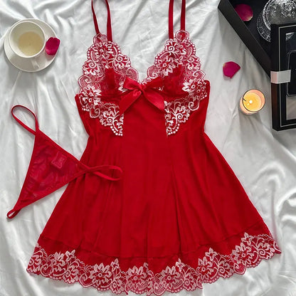 2 Piece Transparent Set Lace Bra Slim Nightgown Set With Thong Erotic Lingerie Pajamas Plus Size Porno Night Dress Sexy Babydoll