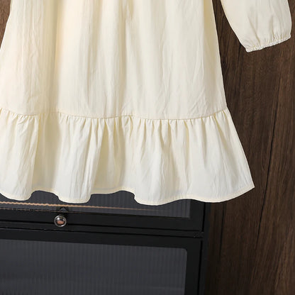 Spring/Summer Big Girl Knee Length Long Sleeve Dress Cute Baby Doll Collar Sweet Ruffle Hem Japanese and Korean Chic Easy Everyd