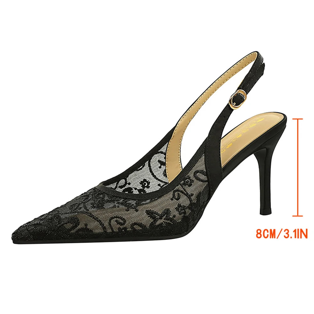 BIGTREE Shoes Lace Mesh Sandals For Women Wearing Heels Ladies Shoes Summer High-heeled Sandals Women Pumps Sexy Party Shoes