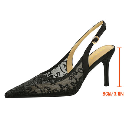 BIGTREE Shoes Lace Mesh Sandals For Women Wearing Heels Ladies Shoes Summer High-heeled Sandals Women Pumps Sexy Party Shoes