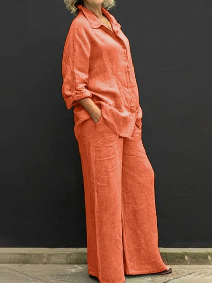Spring and Summer Suit Women's Lapel Long-sleeved Loose Shirt High Waist Wide-leg Pants Casual Two-piece Set