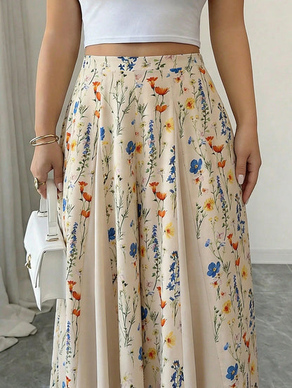 Vintage Floral Print High Waist Flowy Wide Leg Pants, Split Loose Beach Palazzo Pants