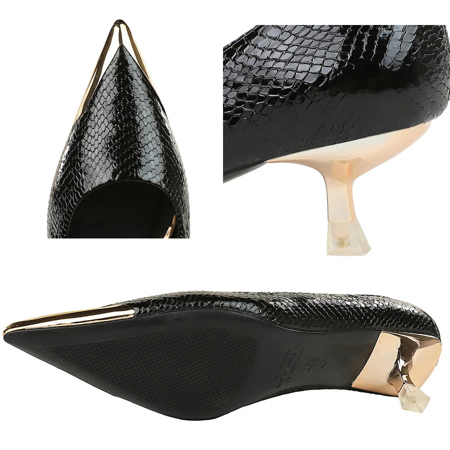BIGTREE Shoes 4.5 Cm Women Kitten Heels Sequin Cloth Snake Pattern Middle Heeled Shoes Metal Pointed Tip Women Pumps Fashion