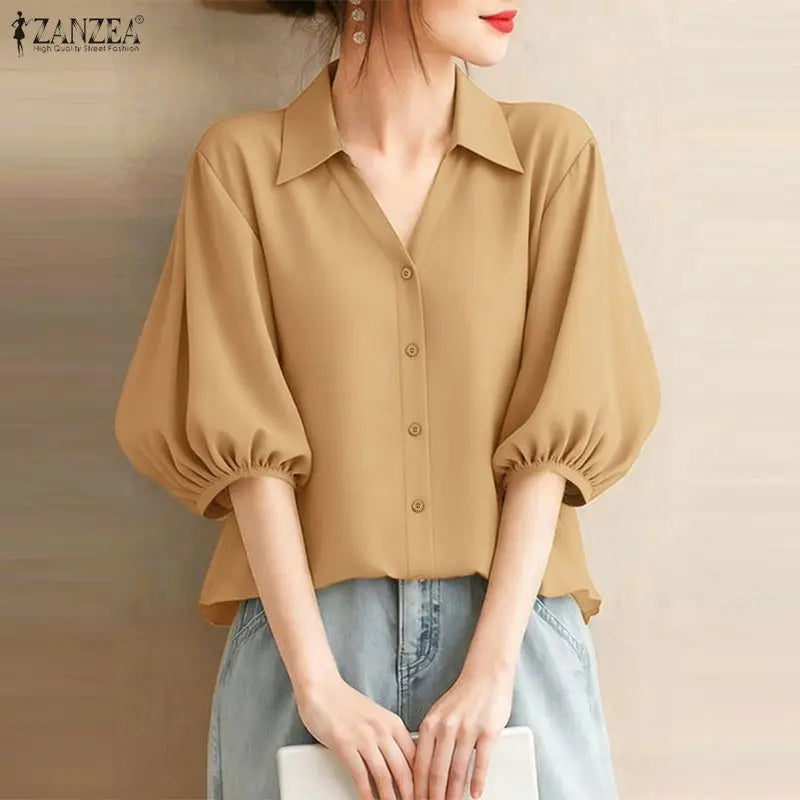 ZANZEA 2026 Woman Half Lantern Sleeves Blouses Casual Turn-Down Collar Button Up Shirts Spring Summer Solid Color Commute Tops