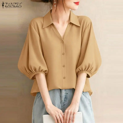 ZANZEA 2026 Woman Half Lantern Sleeves Blouses Casual Turn-Down Collar Button Up Shirts Spring Summer Solid Color Commute Tops