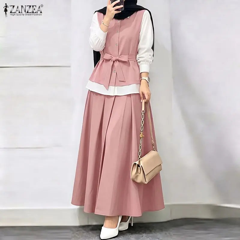 ZANZEA Autumn Outfits Elegant Long Sleeve Patchwork Blouse A Line Pleated Maxi Skirt Suit Women Muslim Two Piece Sets Ramadan