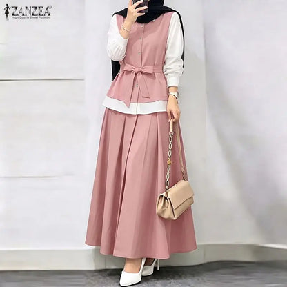 ZANZEA Autumn Outfits Elegant Long Sleeve Patchwork Blouse A Line Pleated Maxi Skirt Suit Women Muslim Two Piece Sets Ramadan
