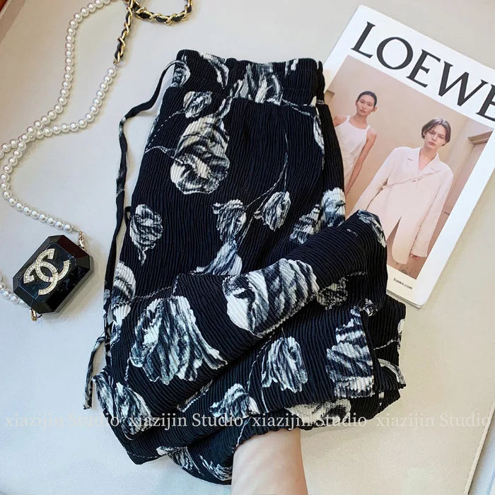 New Spring and Summer Black and White Classic Color Chinese Romantic Small Floral Print Women's Plus Size Wide-leg Trousers