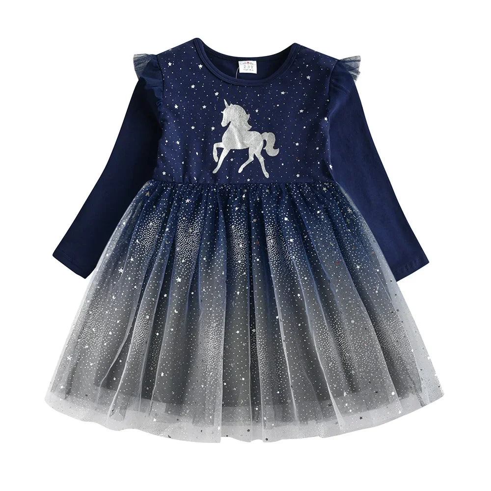 VIKITA Kids Unicorn Dresses for Girls Birthday Party Prom Gown Princess Dress Kids Long Sleeve Spring Autumn Dress Girl Clothes