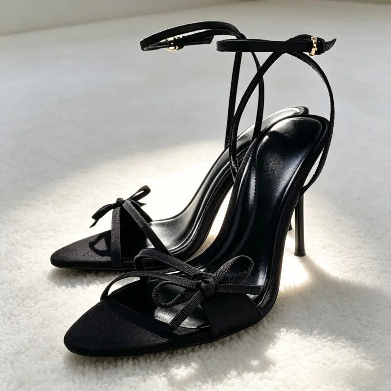 Black Bowknot Detail Satin Heeled Sandals for Women Fashion Ankle Strap Buckle Stiletto Designer Shoes Elegant Party Dress Shoes