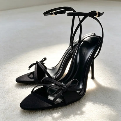 Black Bowknot Detail Satin Heeled Sandals for Women Fashion Ankle Strap Buckle Stiletto Designer Shoes Elegant Party Dress Shoes