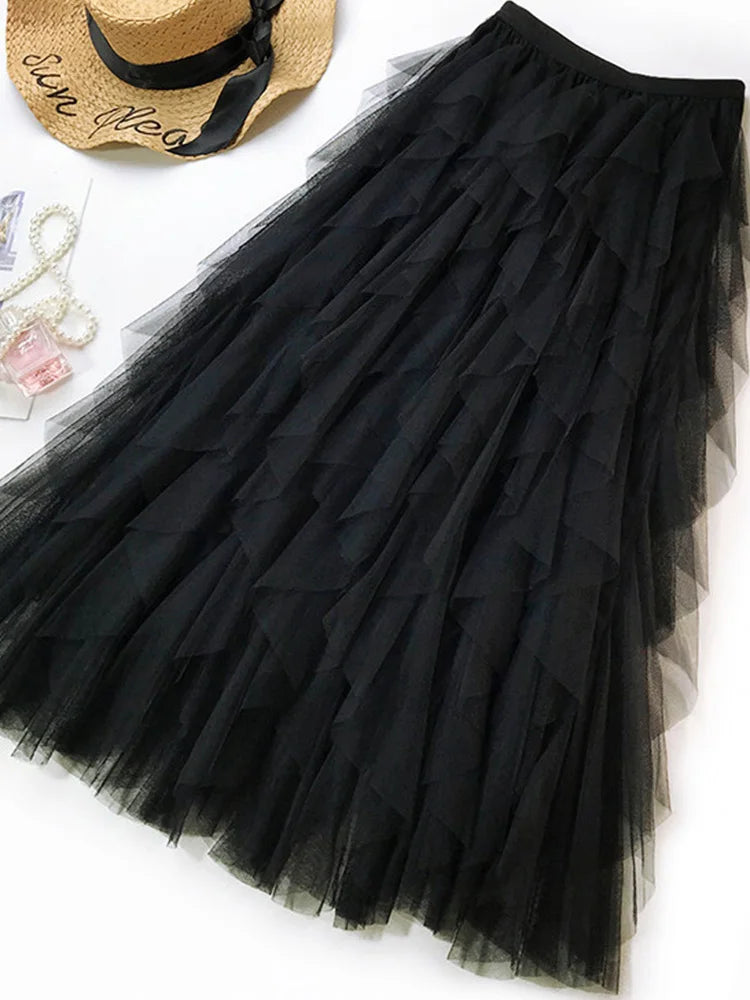 Fashion Tutu Tulle Skirt Women Long Maxi Skirt 2024 Spring Summer Korean Black Pink High Waist Pleated Skirt Female