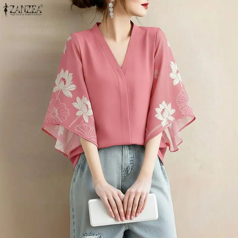 ZANZEA Floral Print Patchwork Casual Blouses for Woman V-Neck 3/4 Sleeve Blusas de Mujer Spring Summer Elegant Loose Tunic Tops