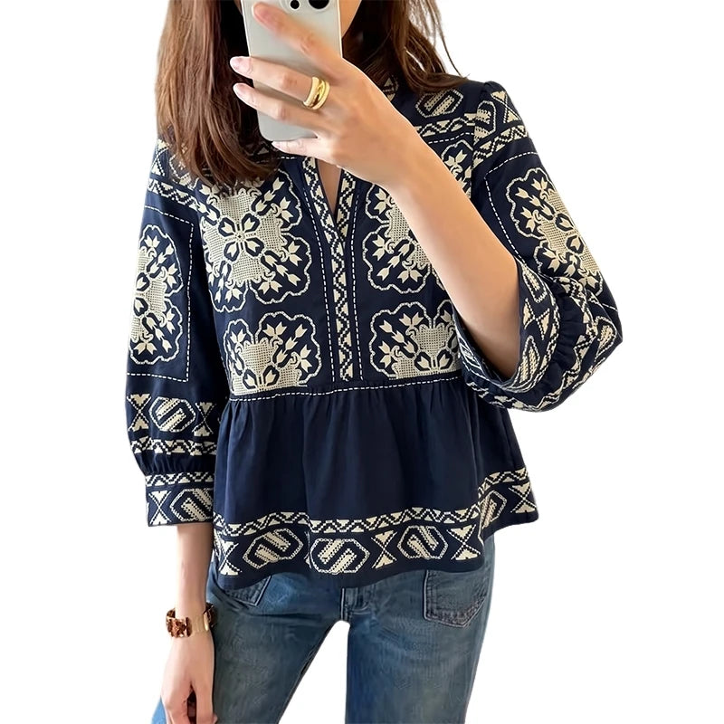 ZANZEA Women Summer Ethnic Floral Print Blouses Casual V-Neck 3/4 Lantern Sleeves Peplum Tops Bohemian Vacation Blusas Mujer