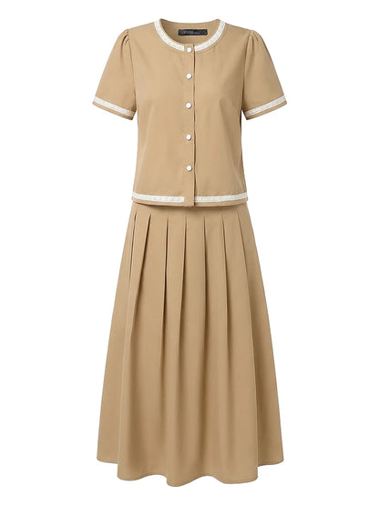 2026 ZANZEA Elegant Women Short Sleeve Patchwork Shirt Midi Dress Sets Summer 2 Pieces Sets Stylish OL Work Outfits Skirt Suit