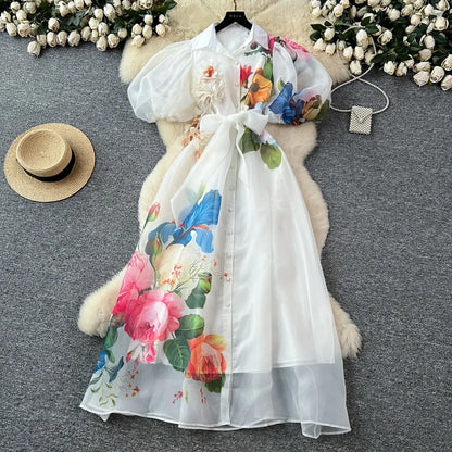 Chic vintage Sexy print mesh lace-up button Fairy Summer  Women Boho Sundress women clothing Long dress