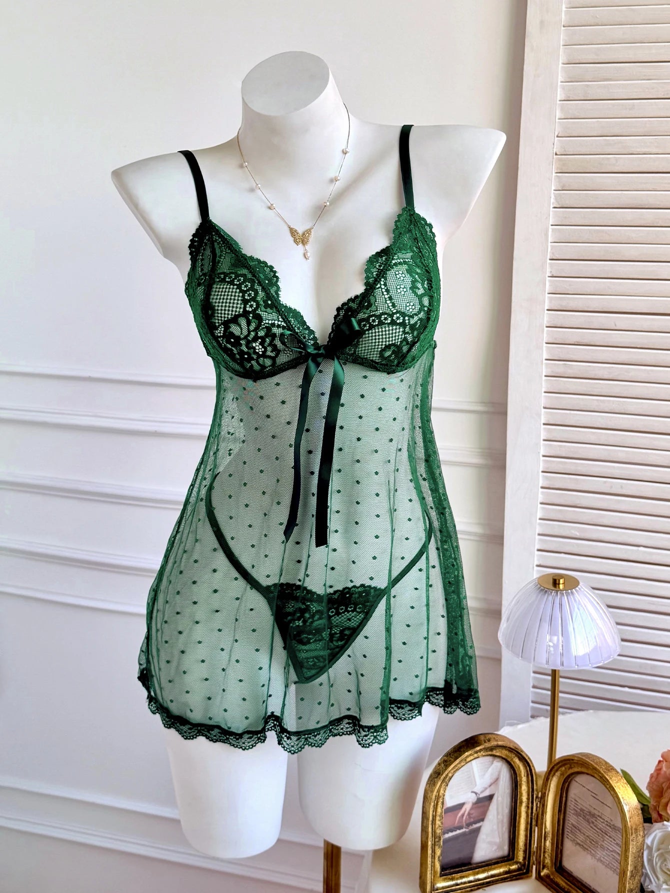 Women Sheer Chemise Lace Babydoll Transparent Design Strap Nightgown Erotic Lingerie Set With Thong See Through Sleepwear