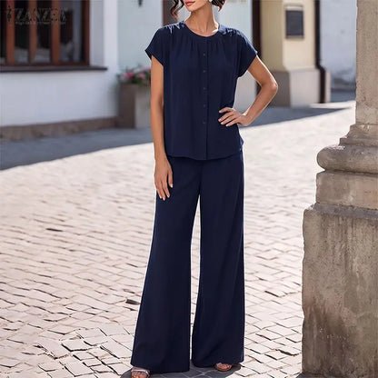 ZANZEA Women Minimalist Casual 2-Piece Sets Cap Sleeves O-Neck Shirt & Wide Leg Pant Matching Sets Summer Solid Commute Co-ords