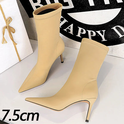 BIGTREE Shoes Stiletto Sexy Elastic Boots Women Shoes Sexy Stretch Fabric Ankle Boots Pointed Tip High Heels Boots Plus Size 43