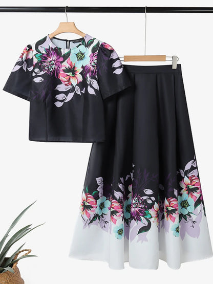 ZANZEA Women's Floral Printed Dress Sets Fashion Short Sleeve Short Blouse and A-Line Long Skirts 2 Pieces Suits Woman Outfits