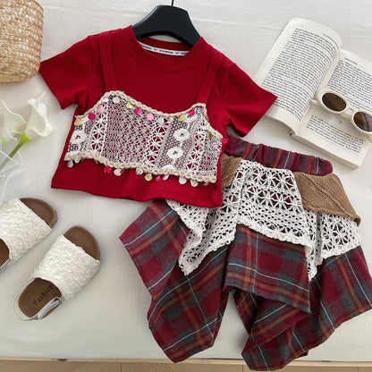 Girls' New Summer Short-Sleeve Ethnic Style Lace Patchwork Plaid Skirt Two-Piece Set