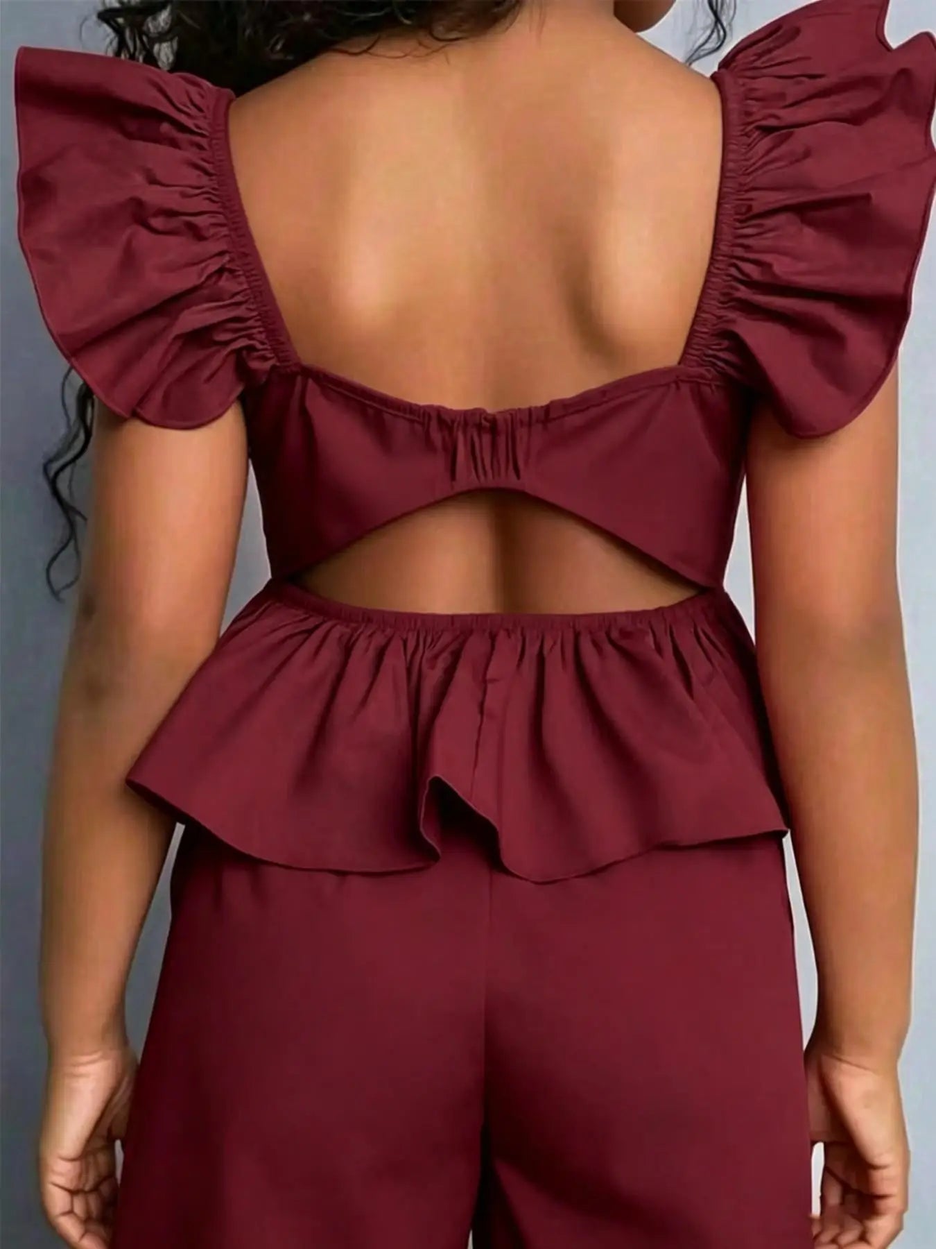 Girls' Peplum Wide Leg Jumpsuit, Casual Slim-Fit, Square Neck, All-In-One Design, Comfortable for Daily Wear & Weekend Trips