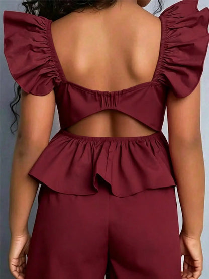 Girls' Peplum Wide Leg Jumpsuit, Casual Slim-Fit, Square Neck, All-In-One Design, Comfortable for Daily Wear & Weekend Trips