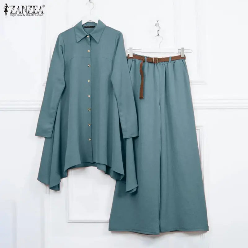 ZANZEA Women's Casual Pant Suits Oversized Long Sleeve Asymmetric Shirt & Wide Leg Pant 2 Pieces Sets Solid Commuting Outfits
