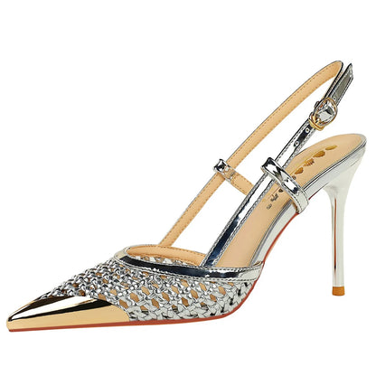 BIGTREE Fashion Hollow Woven Slim Heel Sandals Women Shoes Summer Advanced Metal Pointed High Heels Women Pumps Stiletto 8.5 cm