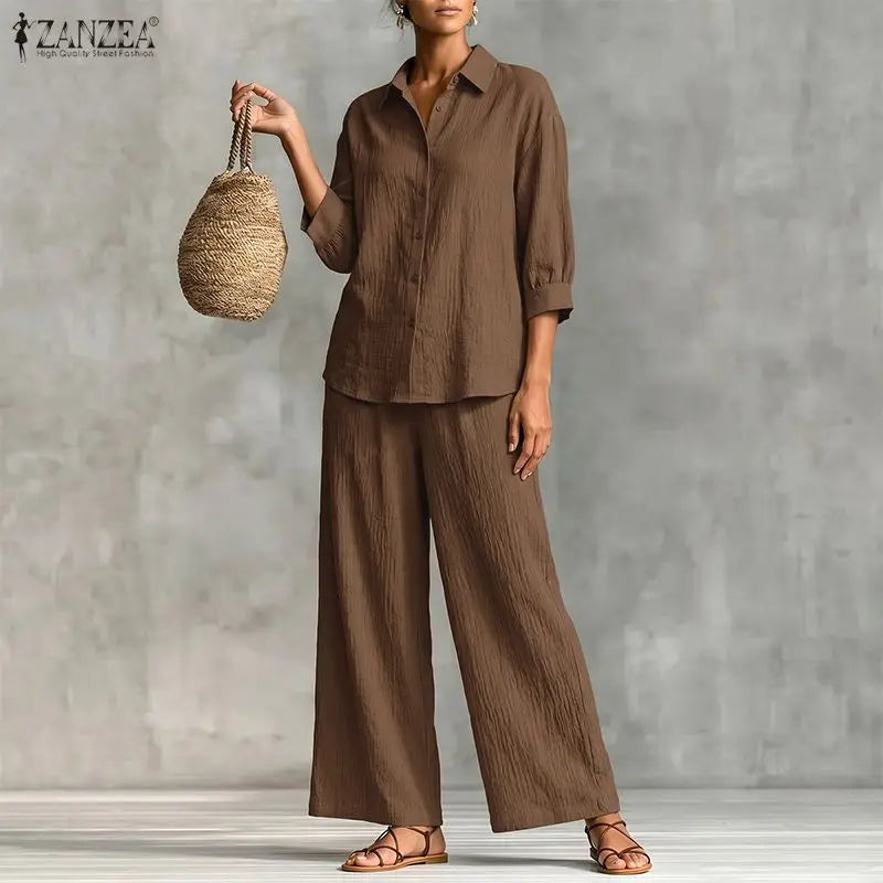 ZANZEA Plus Size 5XL Women Crinkled Fabric Pant Sets 3/4 Sleeve Shirt & Wide Leg Pant 2-Piece Sets Autumn Daily Casual Co-ords