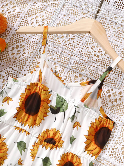Girls Casual Sunflower Pattern Romper Summer Children's Fashion Comfortable Versatile Outdoor Scene Suitable Holiday Outfit