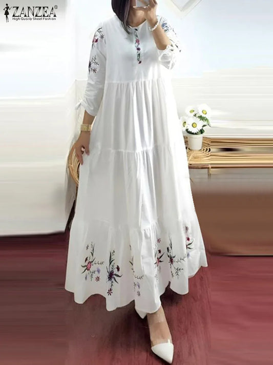 ZANZEA Elegant Floral Printed Muslim Dress Female Fashion Abaya Kaftan Sundress Woman Casual Ruffles Hem Maxi Robe Oversized
