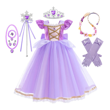 Baby Girls Deluxe Elegant Rapunzal Princess Dress Cosplay Costume Kids Halloween Birthday Party Vestido Purple Puffy Dresses