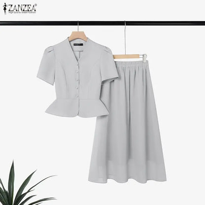2026 ZANZEA Stylish Office OL Outfits Women Summer 2 Pieces Sets Elegant Short Sleeve Waisted Blouse Dress Sets Solid Skirt Suit
