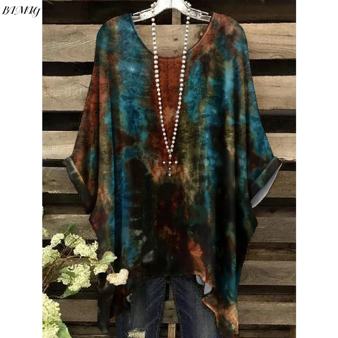 Bohemian Floral Tunic Plus Size Women's Bohemian Floral Print Tunic T-Shirt Short Sleeve Round Neck Casual Top Vibrant 2025