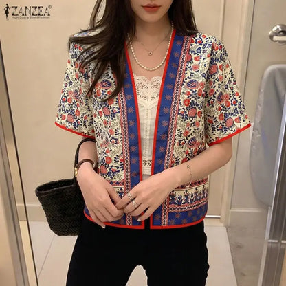 ZANZEA 2026 Summer Paisley Print Short Cardigans Women Open-Front Short Sleeve Shirts Vacation Casual Beach Cover-Up Tops