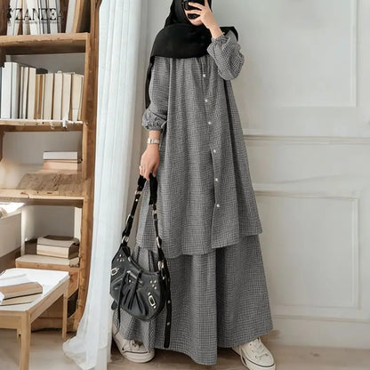 2026 ZANZEA Muslim 2 Pieces Sets Long Shirt Dress Suit Hijab Tracksuit Oversize Plaid Outfit Women Long Sleeve Tops Kaftan Skirt