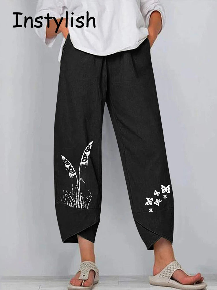 Vintage Cotton and Linen Loose Harem Pants Casual High Waist Wide Leg Trousers Women Harajuku Printed Baggy Pants Oversized