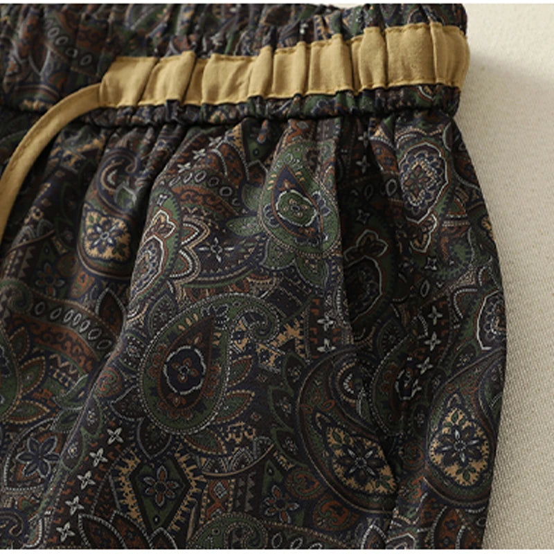 Cotton and Linen Printed Casual Pants Women's Summer New Arrival Fashionable Retro Elegant Drawstring High Waist Wide Leg Pants