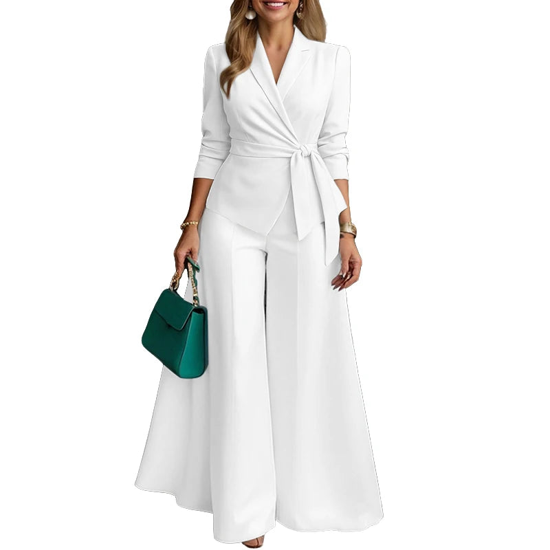 ZANZEA Women's Minimalist 2-Piece Pant Sets Elegant Long Sleeve Belted Blouse & Wide Leg Pant 2pcs Suits Office Work Co-ords