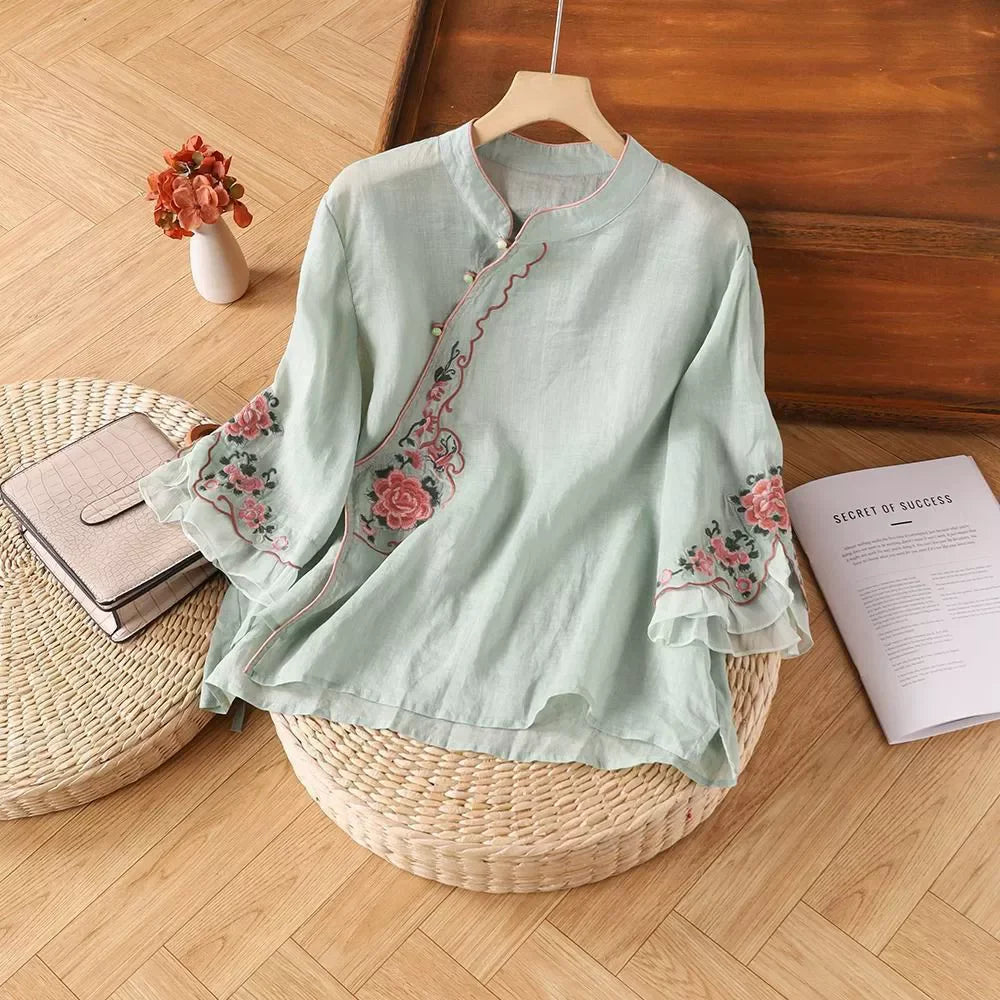 Casual Loose Blouse Shirt Women Clothes Summer Cotton Linen Ladies Tops Tee Blusas Vintage Embroidery Woman Shirt Camiseta Mujer