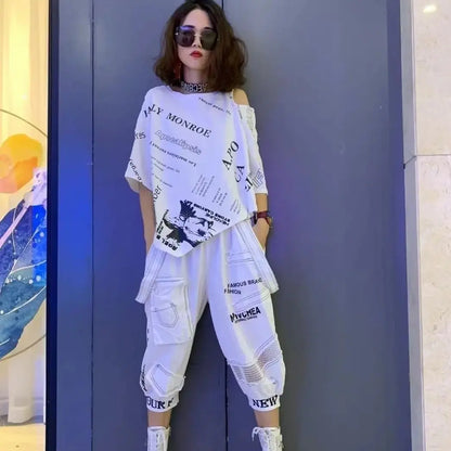 2 Pcs Women Summer Clothing Set Casual Batwing Sleeve Loose Tees Tops And Print Letters Harem Tracksuits Pants Suits